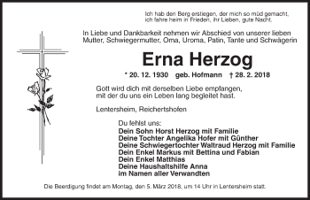 Traueranzeige von Erna Herzog von Dinkelsbuhl/ Feuchtwangen