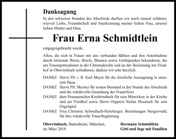 Traueranzeige von Erna Schmidtlein von Neustadt/ Scheinfeld/ Uffenheim