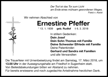 Traueranzeige von Ernestine Pfeffer von Neustadt/ Scheinfeld/ Uffenheim