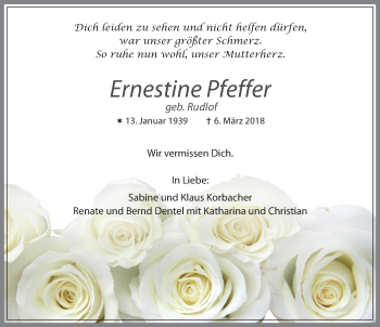 Traueranzeige von Ernestine Pfeffer von Neustadt/ Scheinfeld/ Uffenheim