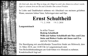 Traueranzeige von Ernst Schultheiß von Neustadt/ Scheinfeld/ Uffenheim