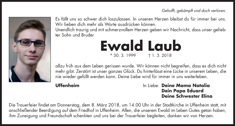 Traueranzeige für Ewald Laub vom 05.03.2018 aus Neustadt/ Scheinfeld/ Uffenheim
