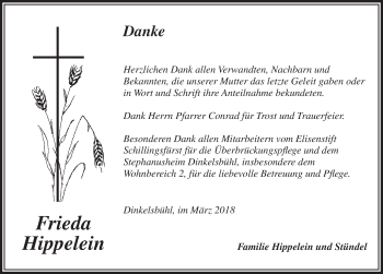 Traueranzeige von Frieda Hippelein von Dinkelsbühl/ Feuchtwangen