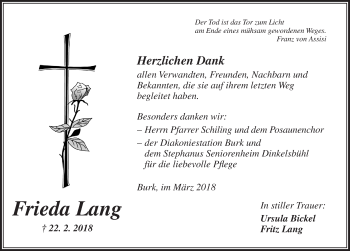 Traueranzeige von Frieda Lang von Dinkelsbühl/ Feuchtwangen