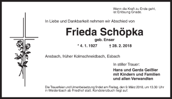 Traueranzeige von Frieda Schöpka von Ansbach