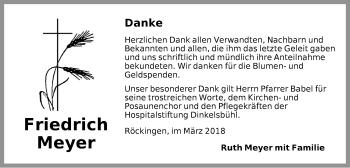 Traueranzeige von Friedrich Meyer von Dinkelsbuhl/ Feuchtwangen