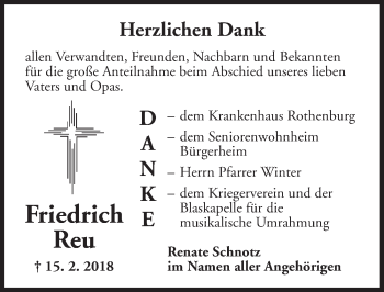 Traueranzeige von Friedrich Reu von Dinkelsbuhl/ Feuchtwangen