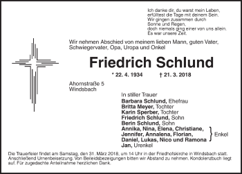 Traueranzeige von Friedrich Schlund von Ansbach