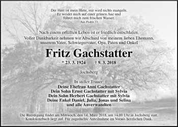 Traueranzeige von Fritz Gachstatte von Rothenburg