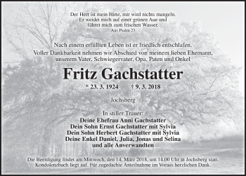 Traueranzeige von Fritz Gachstatter von Ansbach