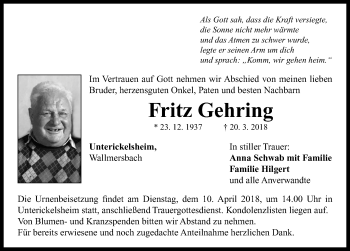 Traueranzeige von Fritz Gehring von Neustadt/ Scheinfeld/ Uffenheim