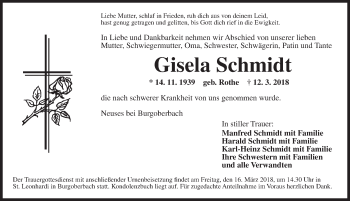 Traueranzeige von Gisela Schmidt von Ansbach