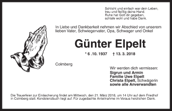 Traueranzeige von Günter Elpelt von Ansbach