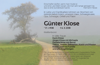 Traueranzeige von Günter Klose von Ansbach