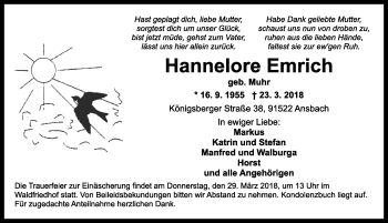 Traueranzeige von Hannelore Emrich von Ansbach