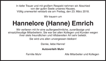 Traueranzeige von Hannelore Emrich von Ansbach