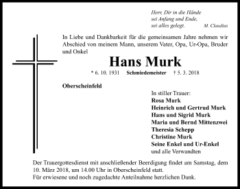 Traueranzeige von Hans Murk von Neustadt/ Scheinfeld/ Uffenheim