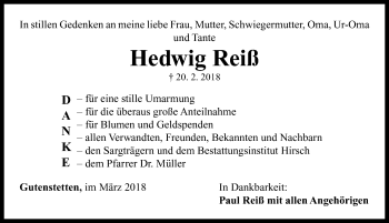 Traueranzeige von Hedwig Reiß von Neustadt/ Scheinfeld/ Uffenheim