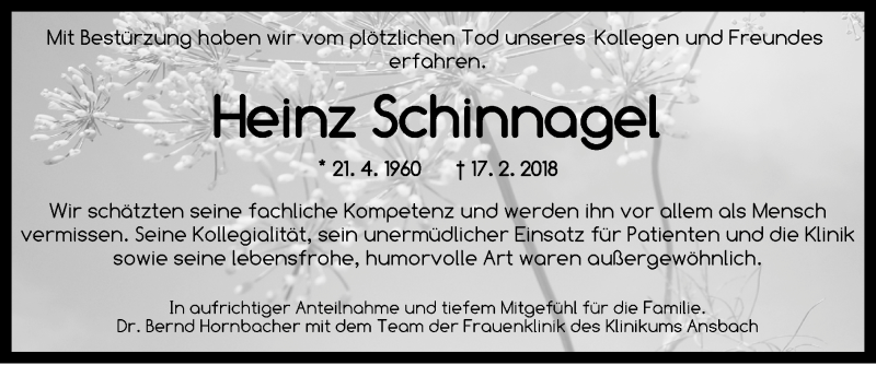  Traueranzeige für Heinz Schinnagel vom 07.03.2018 aus Gesamtausgabe