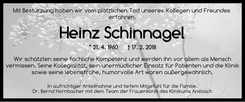 Traueranzeige für Heinz Schinnagel vom 07.03.2018 aus Rothenburg