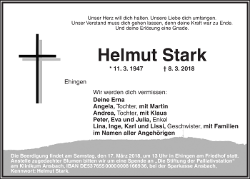 Traueranzeige von Helmut Stark von Dinkelsbuhl/ Feuchtwangen