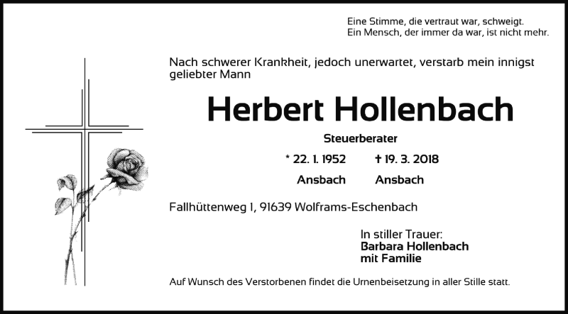  Traueranzeige für Herbert Hollenbach vom 24.03.2018 aus Ansbach