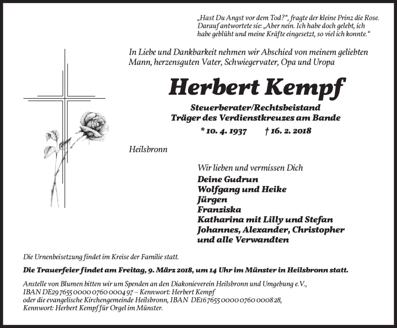  Traueranzeige für Herbert Kempf vom 07.03.2018 aus Ansbach