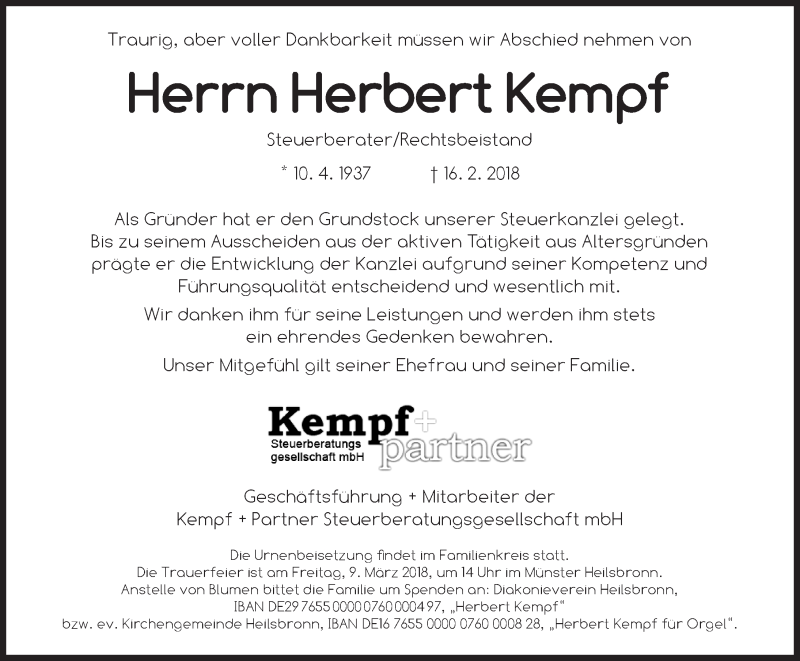  Traueranzeige für Herbert Kempf vom 07.03.2018 aus Ansbach