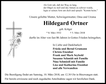 Traueranzeige von Hildegard Ortner von Rothenburg