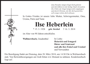 Traueranzeige von Ilse Heberlein von Neustadt/ Scheinfeld/ Uffenheim