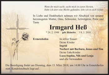 Traueranzeige von Irmgard Heß von Neustadt/ Scheinfeld/ Uffenheim