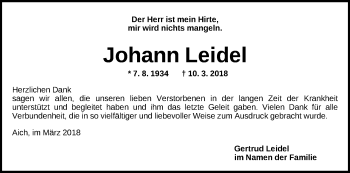 Traueranzeige von Johann Leidel von Ansbach