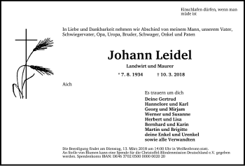 Traueranzeige von Johann Leidel von Ansbach