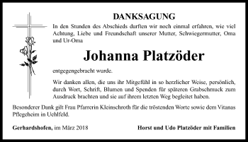 Traueranzeige von Johanna Platzöder von Neustadt/ Scheinfeld/ Uffenheim