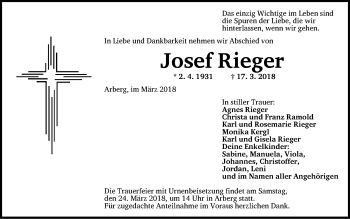 Traueranzeige von Josef Rieger von Dinkelsbuhl/ Feuchtwangen