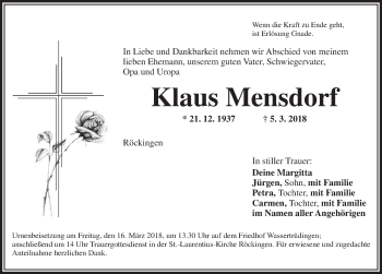 Traueranzeige von Klaus Mensdorf von Dinkelsbuhl/ Feuchtwangen