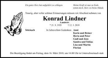 Traueranzeige von Konrad Lindner von Neustadt/ Scheinfeld/ Uffenheim