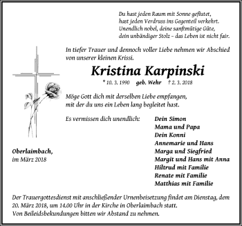 Traueranzeige von Kristina Karpinski von Neustadt/ Scheinfeld/ Uffenheim