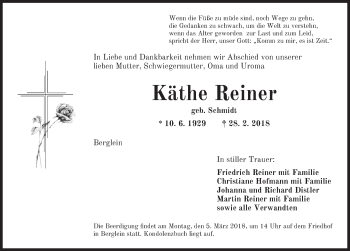 Traueranzeige von Käthe Reiner von Ansbach