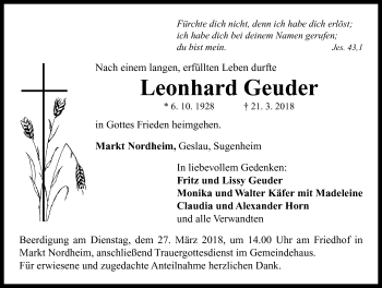 Traueranzeige von Leonhard Geuder von Neustadt/ Scheinfeld/ Uffenheim