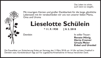 Traueranzeige von Lieselotte Schülein von Dinkelsbuhl/ Feuchtwangen