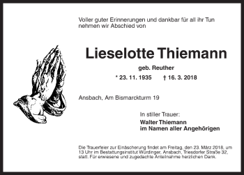 Traueranzeige von Lieselotte Thiemann von Ansbach