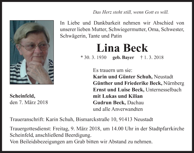 Traueranzeigen von Lina Beck | trauer.flz.de