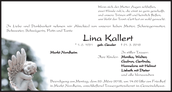 Traueranzeige von Lina Kallert von Neustadt/ Scheinfeld/ Uffenheim