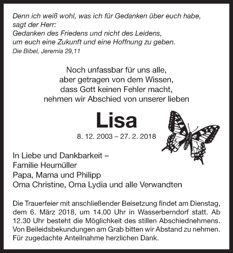  Traueranzeige für Lisa Heumüller vom 03.03.2018 aus Neustadt/ Scheinfeld/ Uffenheim