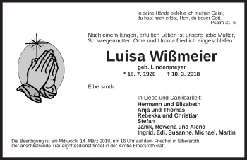 Traueranzeige von Luisa Wißmeier von Dinkelsbühl/ Feuchtwangen