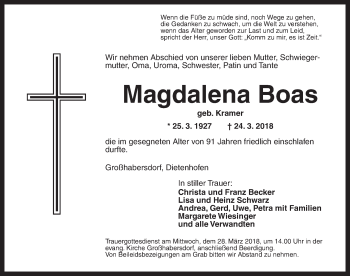 Traueranzeige von Magdalena Boas von Ansbach