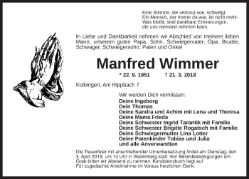 Traueranzeige von Manfred Wimmer von Ansbach