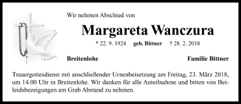 Traueranzeige von Margareta Wanczura von Neustadt/ Scheinfeld/ Uffenheim