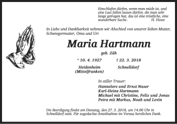 Traueranzeige von Maria Hartmann von Dinkelsbühl/ Feuchtwangen